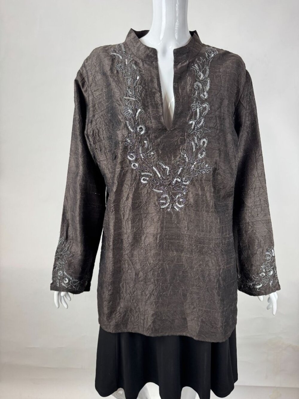 Chicos Womens Crinkle Silk Tunic With Embellished Sequins Chicos 3 Brown Long Sl